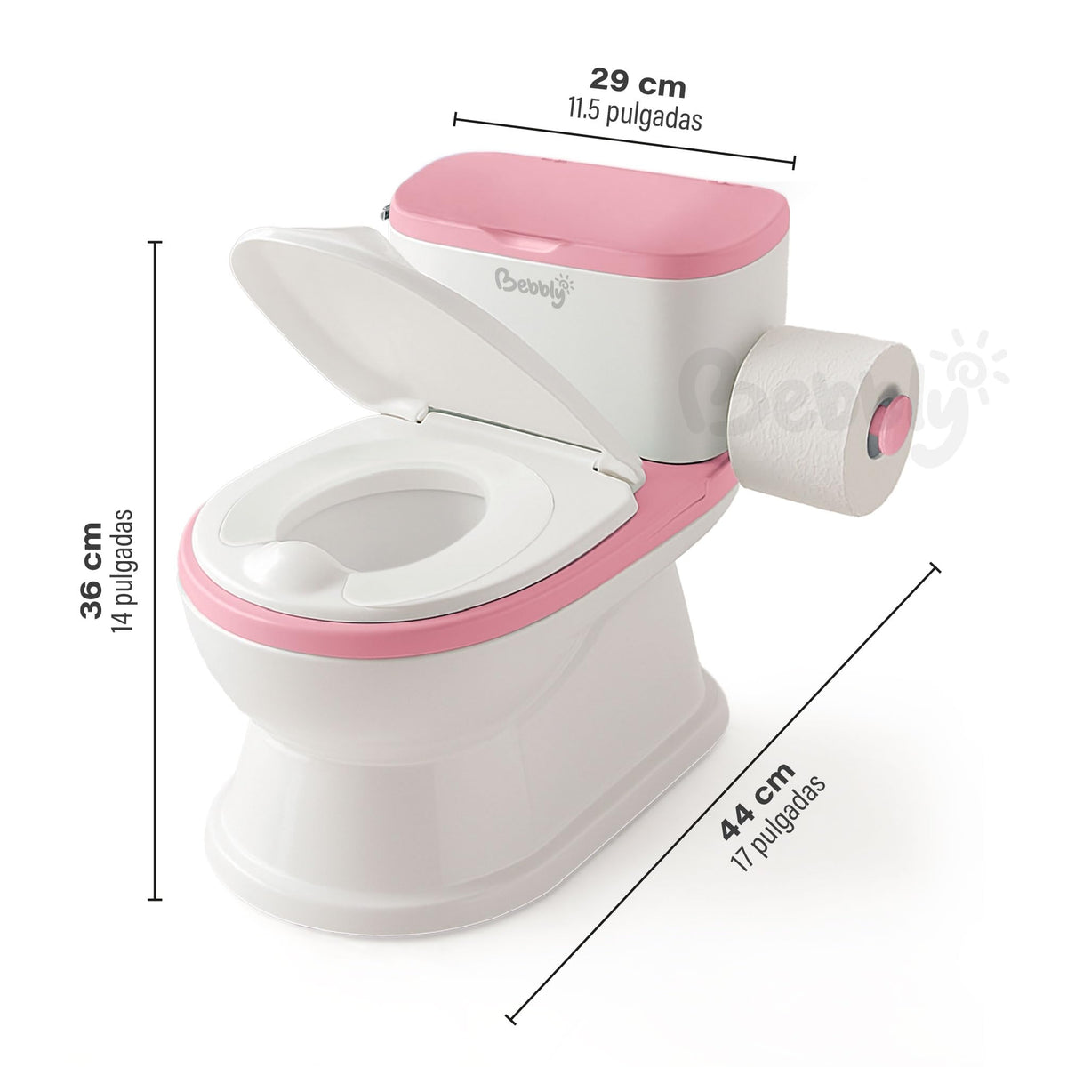 BEBBLY Bañito Entrenador Infantil con Sonido Musical Portarrollo y Almacenamiento Asiento Antiderrapante para Niños y Niñas de 6 Meses a 3 Años Fácil de Limpiar Ideal para Aprender a Ir al Baño (Rosa)