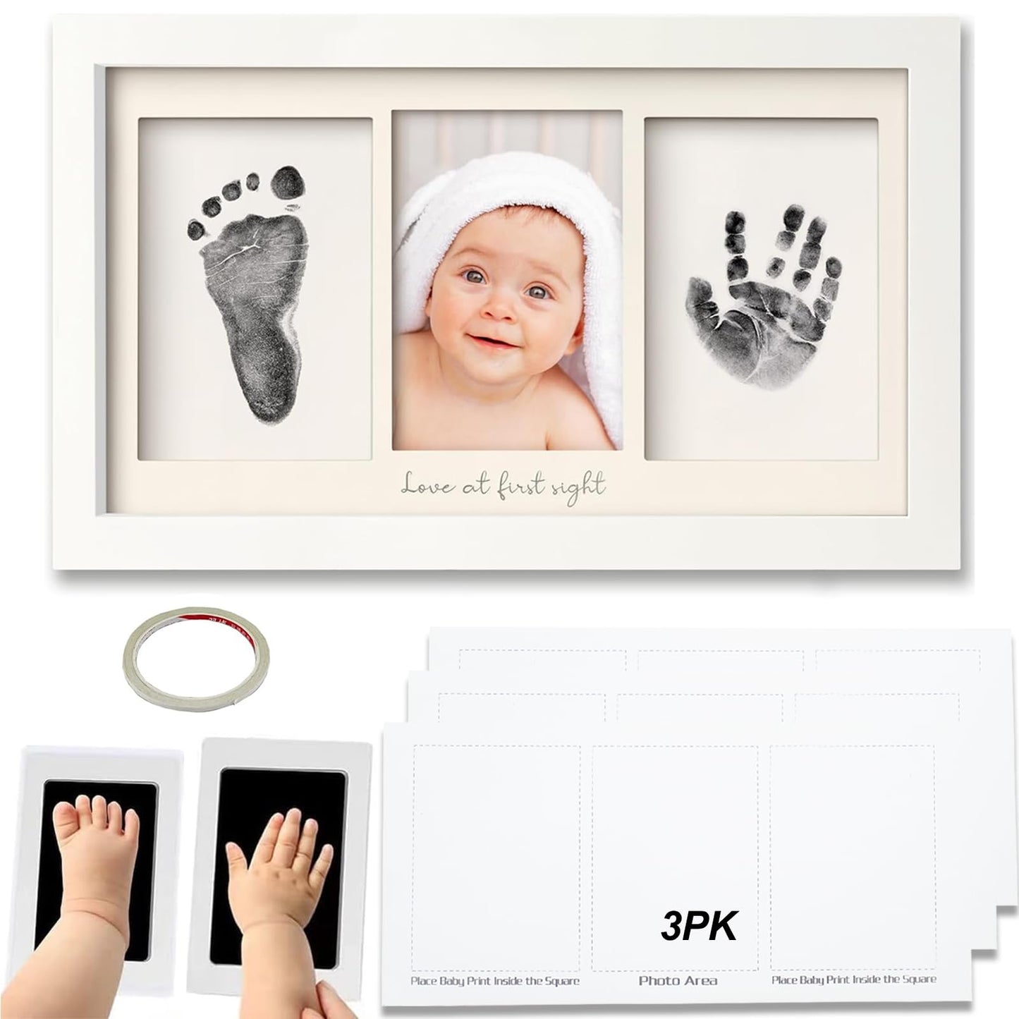 Marco foto y huellas recuerdo de bebe, Kit de mano y huella de bebé con kit de mano y huella sin tinta*1, Tres hojas de papel blanco, Cinta adhesiva de doble cara*1, Regalos de baby shower para mamá