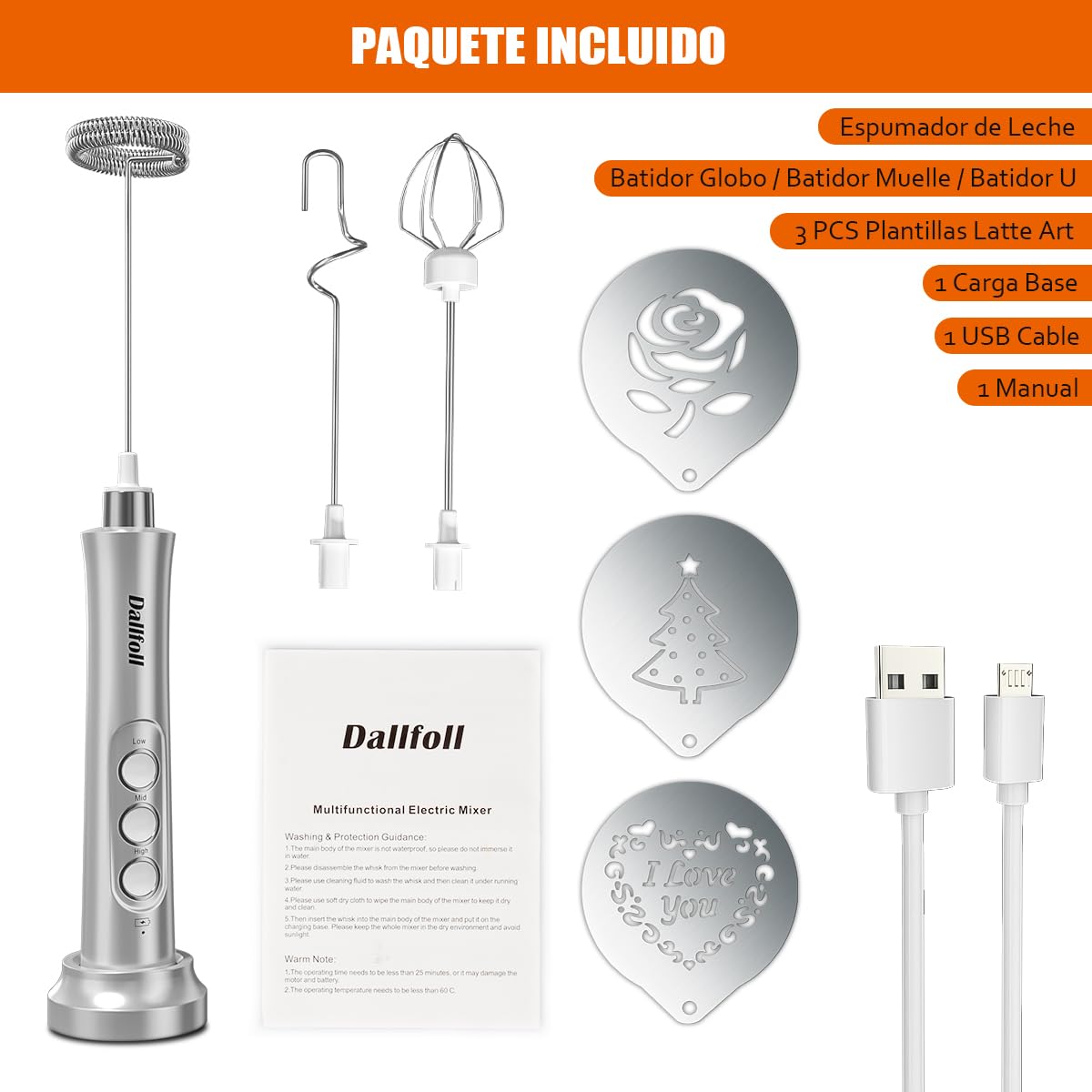Dallfoll - Espumador de leche de mano, recargable por USB, mini máquina de espuma eléctrica para café Lattes, 3 velocidades, espumador de leche mezcladora de bebidas con 3 batidores para café a prueba de balas, capuchino, matcha