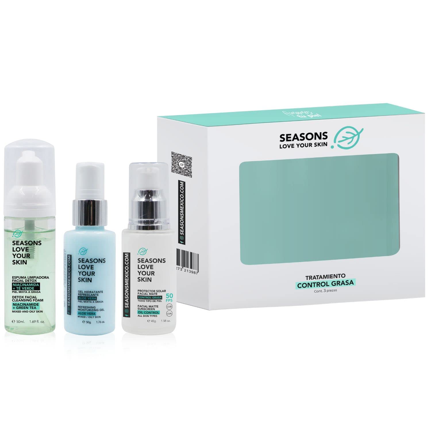 Kit Rutina Facial Skincare Control Grasa Tratamiento Antiacné | Espuma limpiadora Facial + Hidratante Aloe Vera + Bloqueador Niacinamida