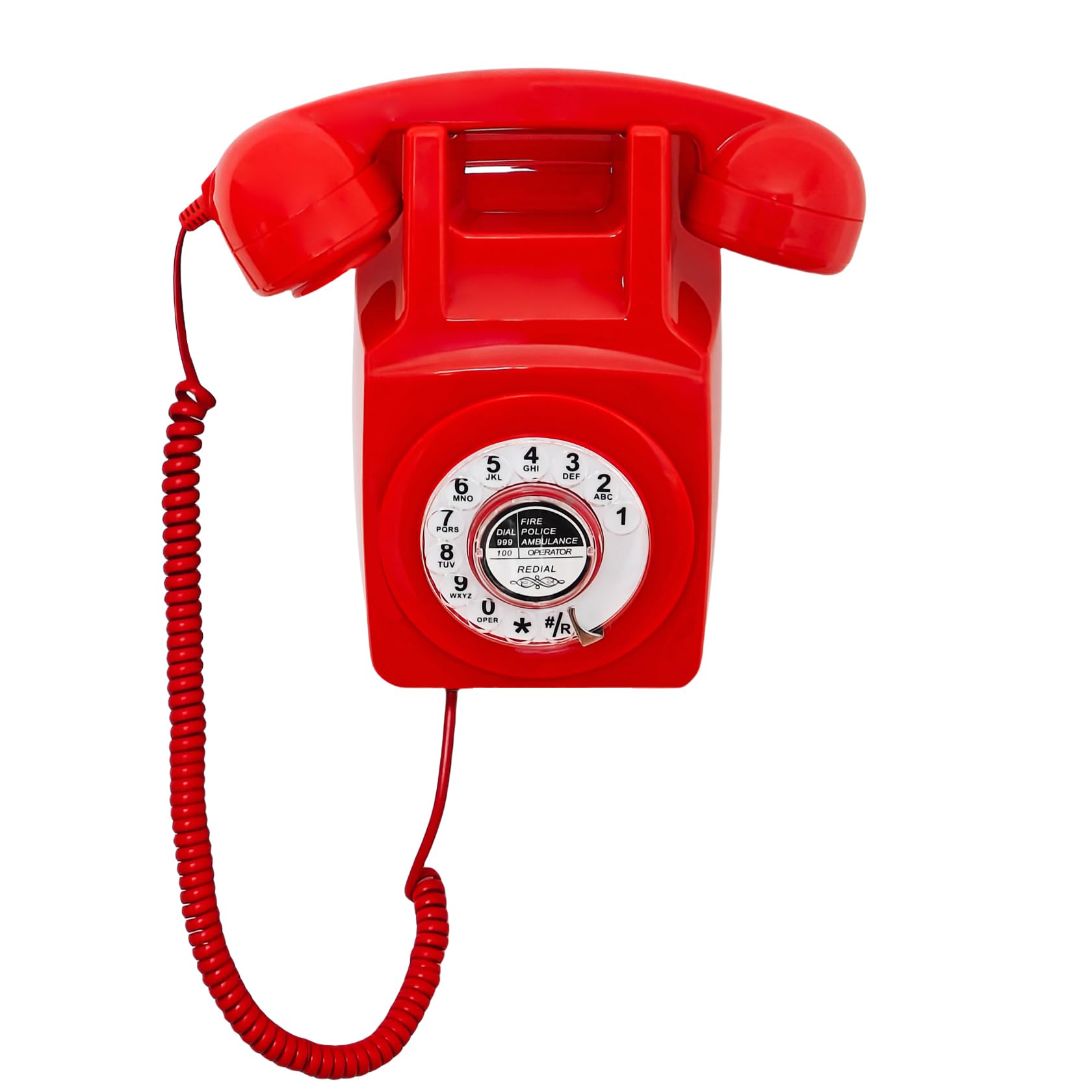 Teléfono de pared con cable con revisión, teléfono fijo retro rojo, teléfono de pared antiguo con remarcado para hogar, oficina, hotel, escuela, juego de teléfono con esfera giratoria clásico