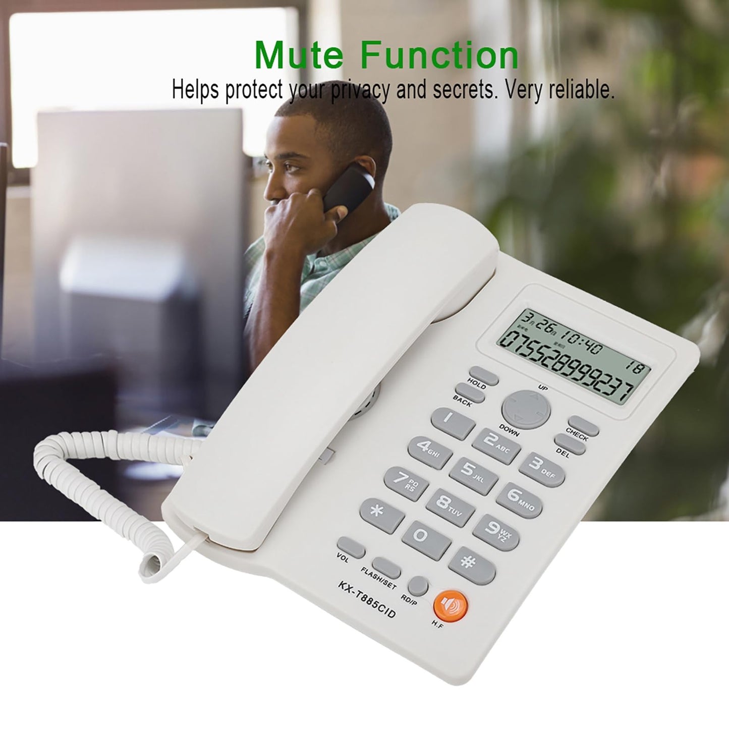 Teléfono con Cable Identificador de Llamadas Teléfono Manos Libres Oficina Hogar Hotel Teléfono Fijo Claro Sonido Marcado Rápido Función de Pausa / Retención Último Número Volver a Marcar(Blanco)