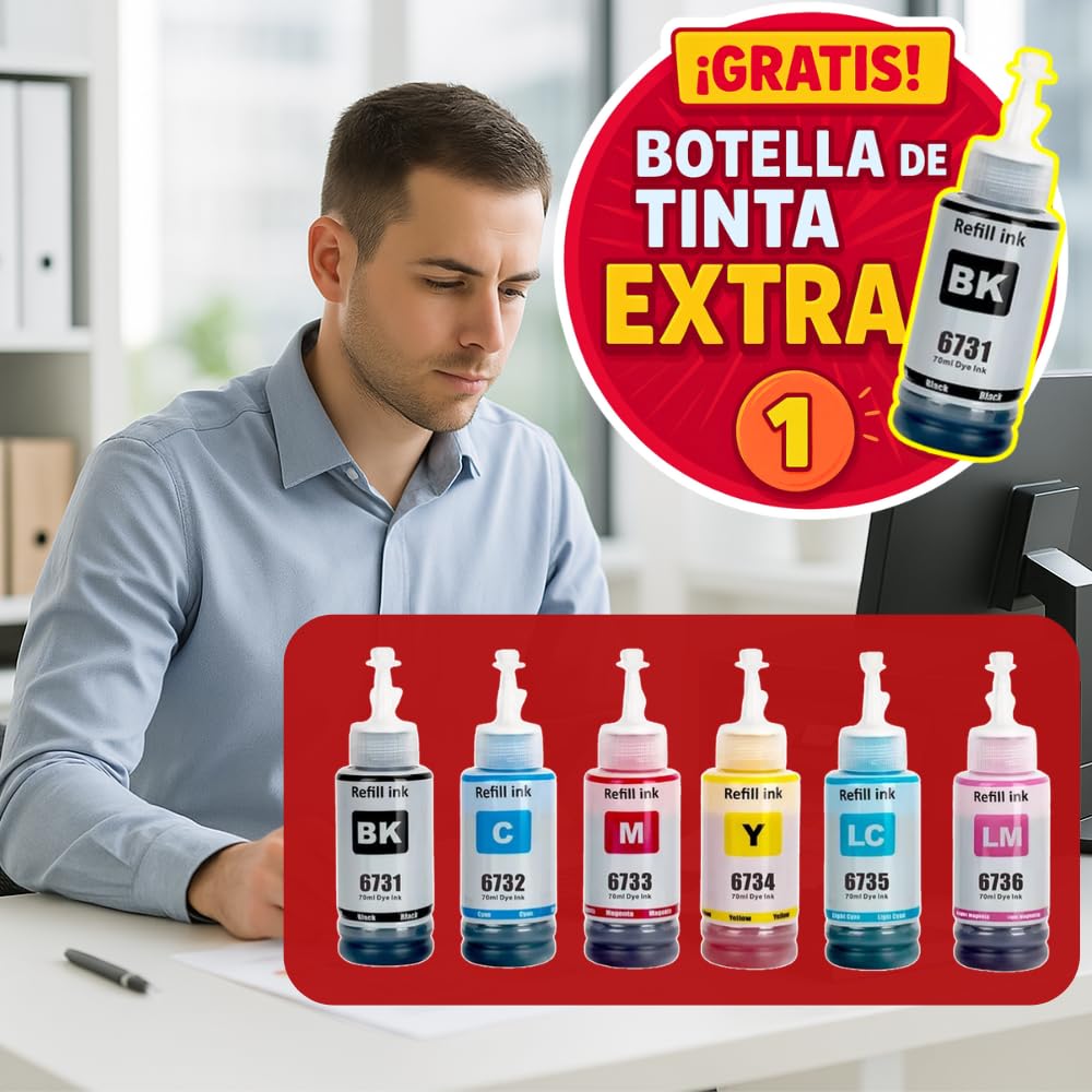 LizzVicc Pack de Tinta Genérica para Epson 673 / T673 – 2 Botellas Negras + 1 Cian, 1 Magenta, 1 Amarillo, 1 Cian Claro y 1 Magenta Claro (70 ml c/u) – Compatible con L800, L805, L810, L850, L1800