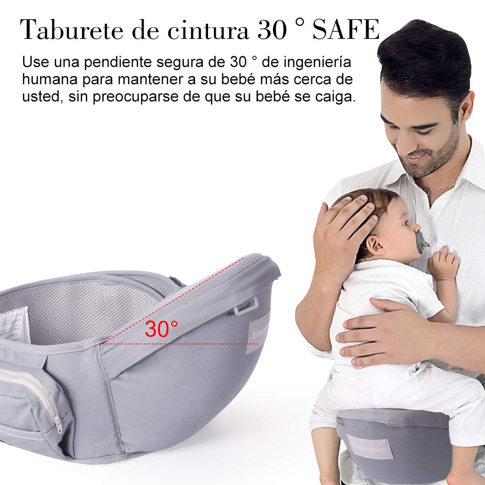 Portabebé EMAGIE Gris Ergonómico Ajustable y Respirable para Bebés y Niños 0-36 Meses
