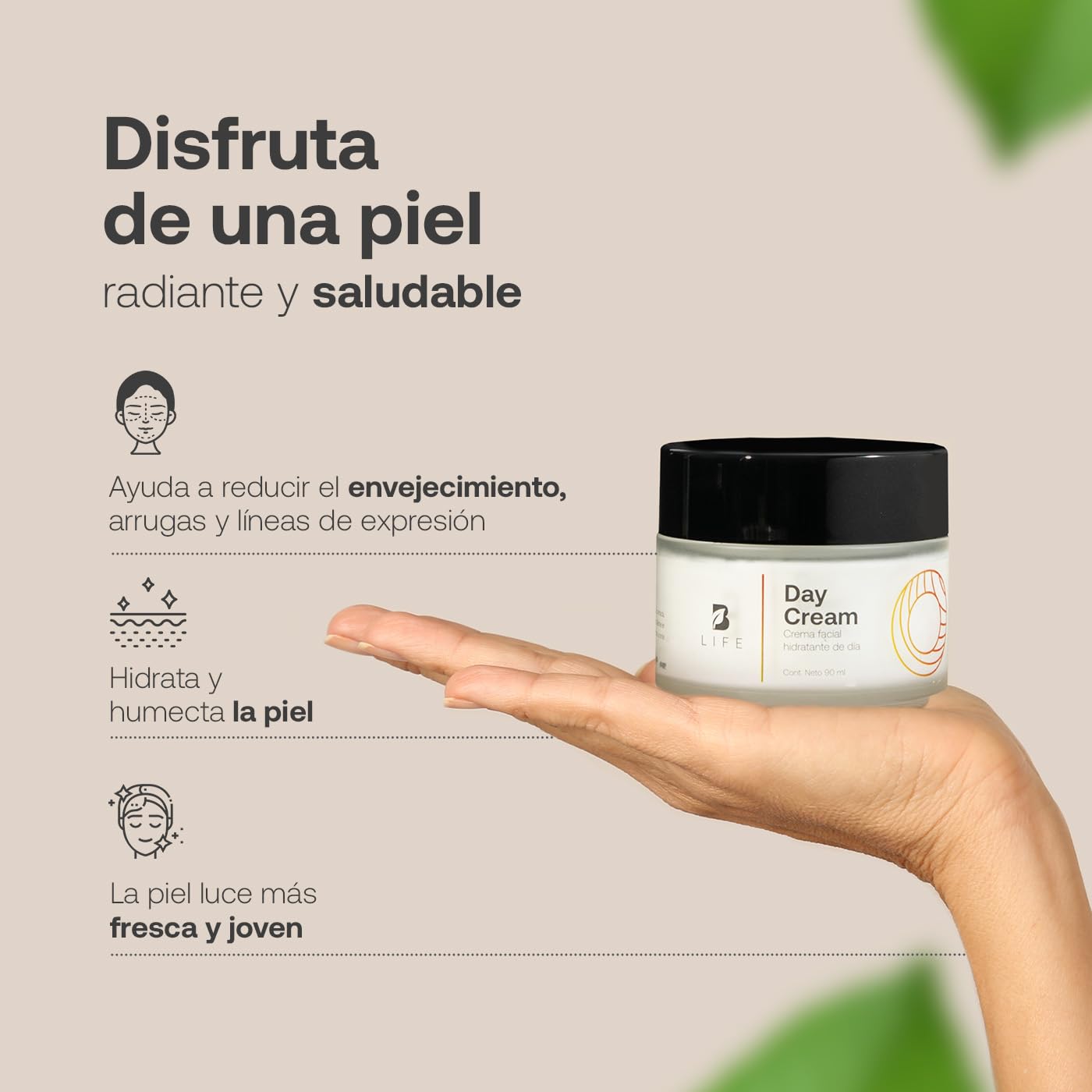 Crema Facial de Día Hidratante de 90 ml. Adicionada con Vitamina E, Ácido Hialurónico y Niacinamida, Skincare Facial Antiarrugas. Day Cream B Life.