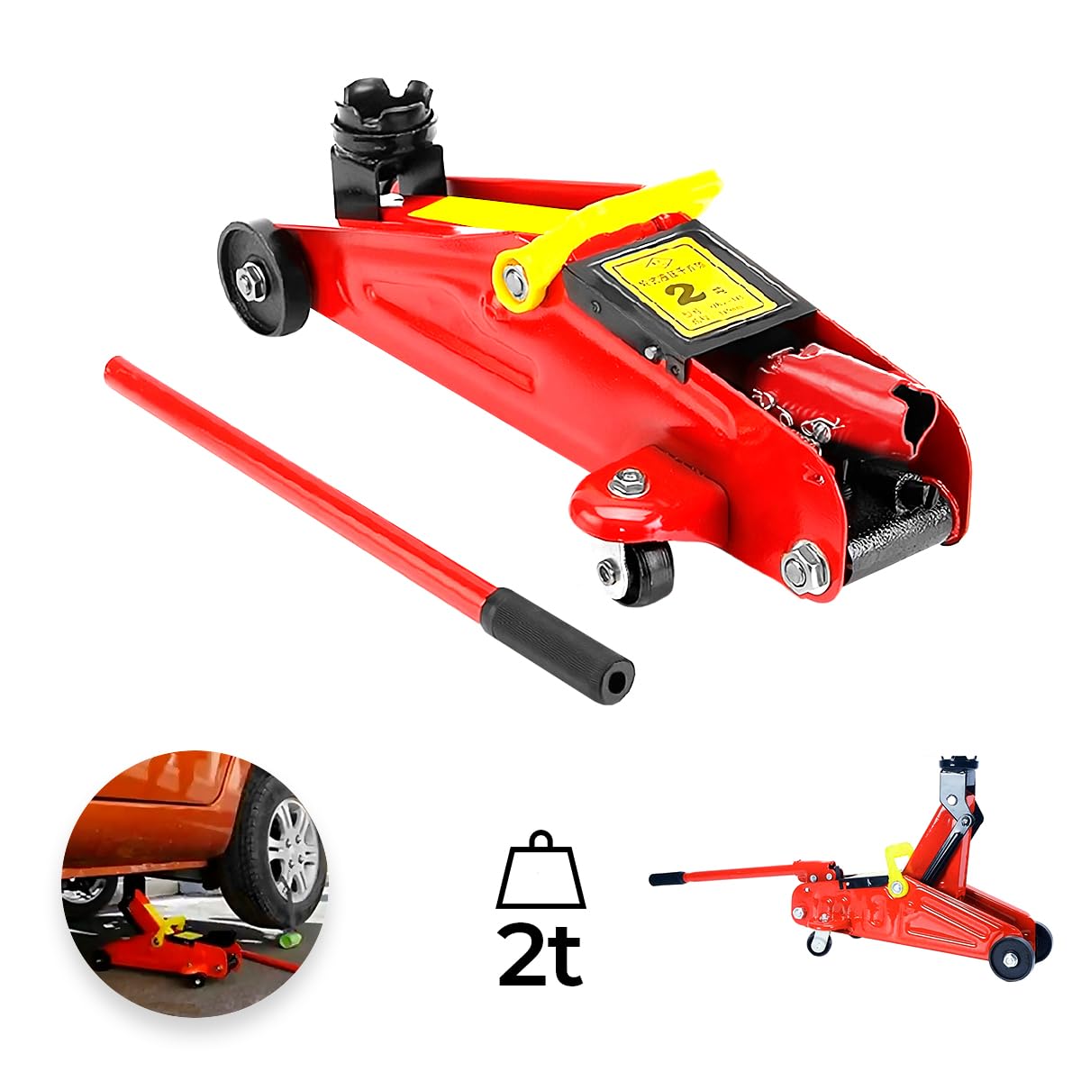 Gato Hidráulico RagaBasics Rojo de Acero Inoxidable con Seguros de Llantas y Agarradera Portátil