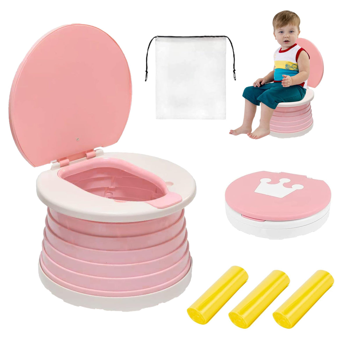 Portátil, plegable para el orinal del bebé, asiento de inodoro de entrenamiento de emergencia para el coche, camping, al aire última intervensión, interior (rosa, pequeño)