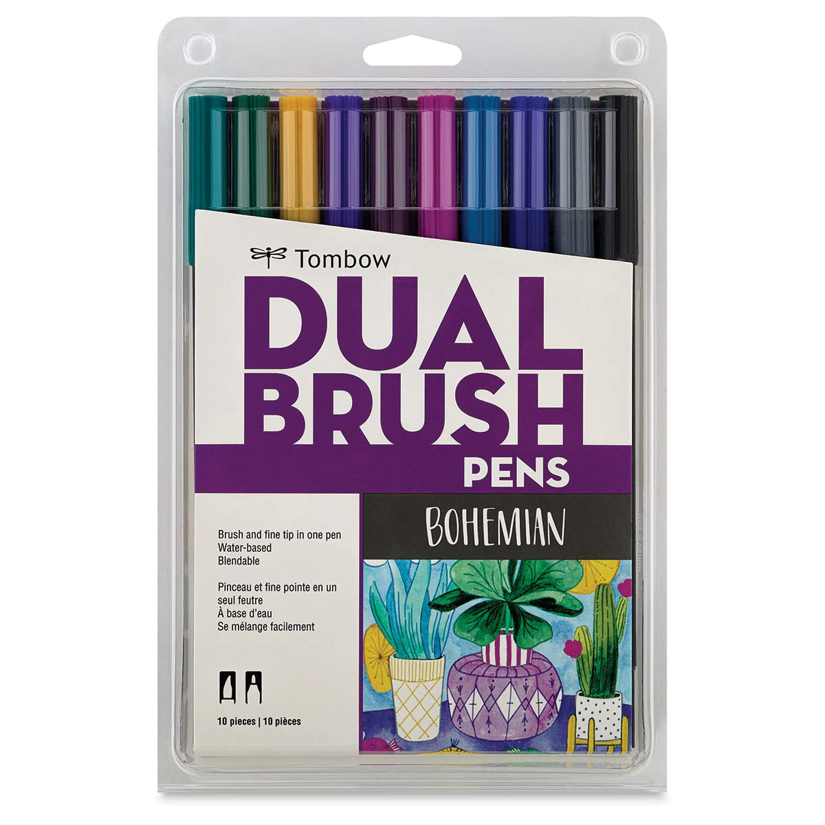 Tombow - Rotulador artístico con doble pincel 56218, bohemio, paquete de 10 Rotuladores mezclables, con brocha y punta fina