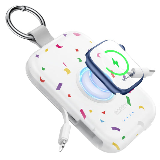 Cargador Portátil RORRY Confetti Blanco con Cables Integrados para Apple Watch e iPhone