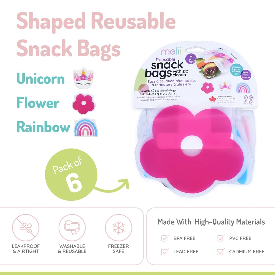 Melii - Bolsas reutilizables para aperitivos. Paquete de 6 bolsas a prueba de fugas para sándwiches, aperitivos, almacenamiento de alimentos y más, unicornio, flor, arco iris