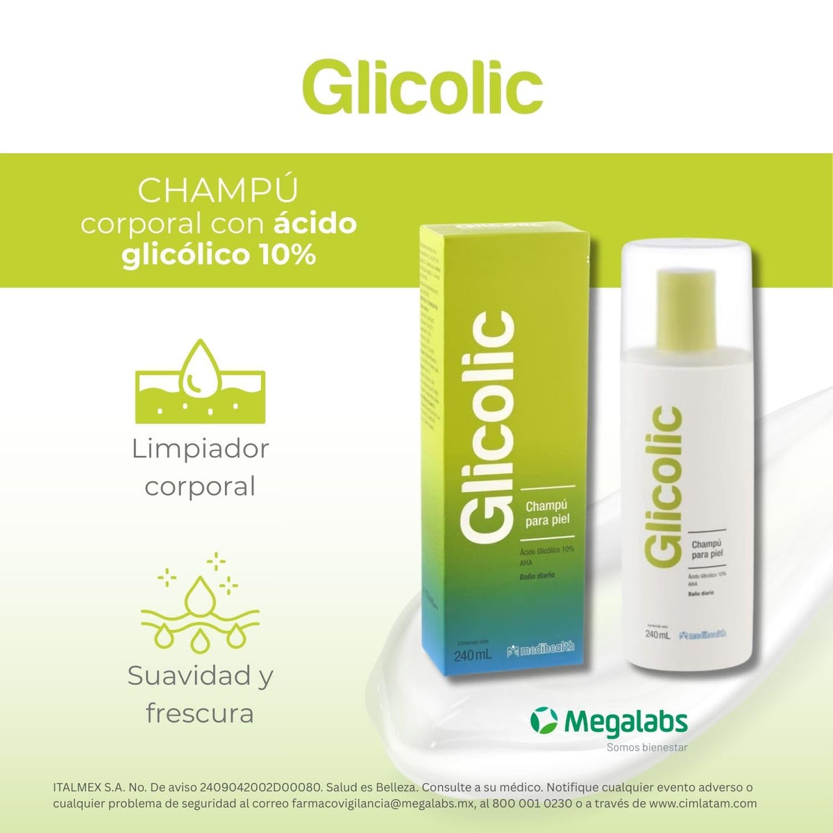 Glicolic Champú Corporal | Dermolimpiador con Ácido Glicólico | Exfoliación suave y Limpieza Profunda de la Piel | Textura y suavidad | Hombres y Mujeres | Frasco con 240ml