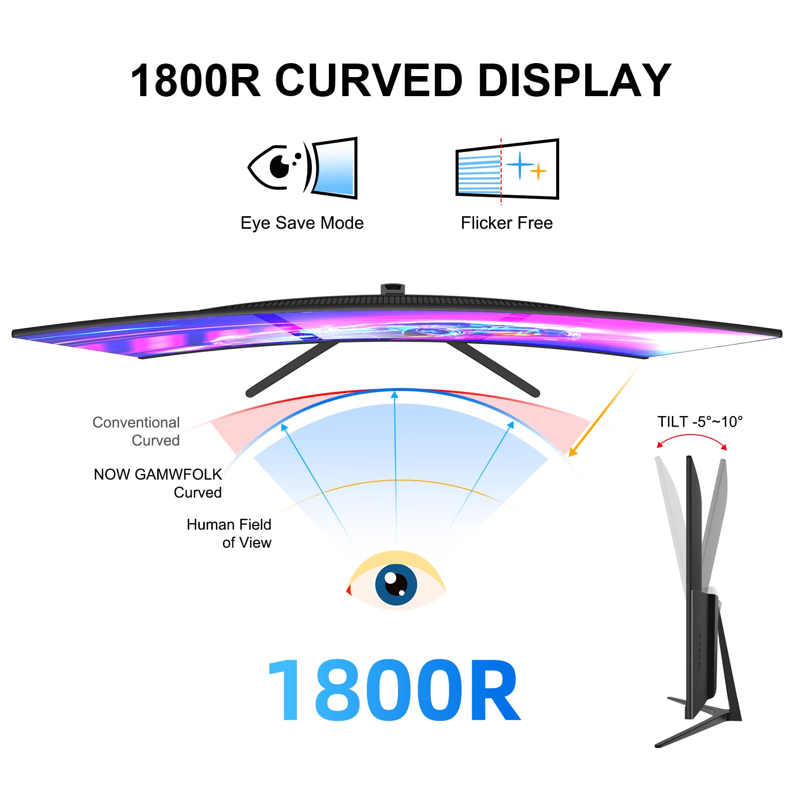 Gawfolk Monitor 27 Pulgadas Gaming Curvo 2K 165Hz, QHD 2560x1440p 144Hz de con AMD FreeSync, sin Parpadeo, HDMI 2.0, DP 1.4, Monitor de PC con Pantalla ultradelgada sin Marco 1800R