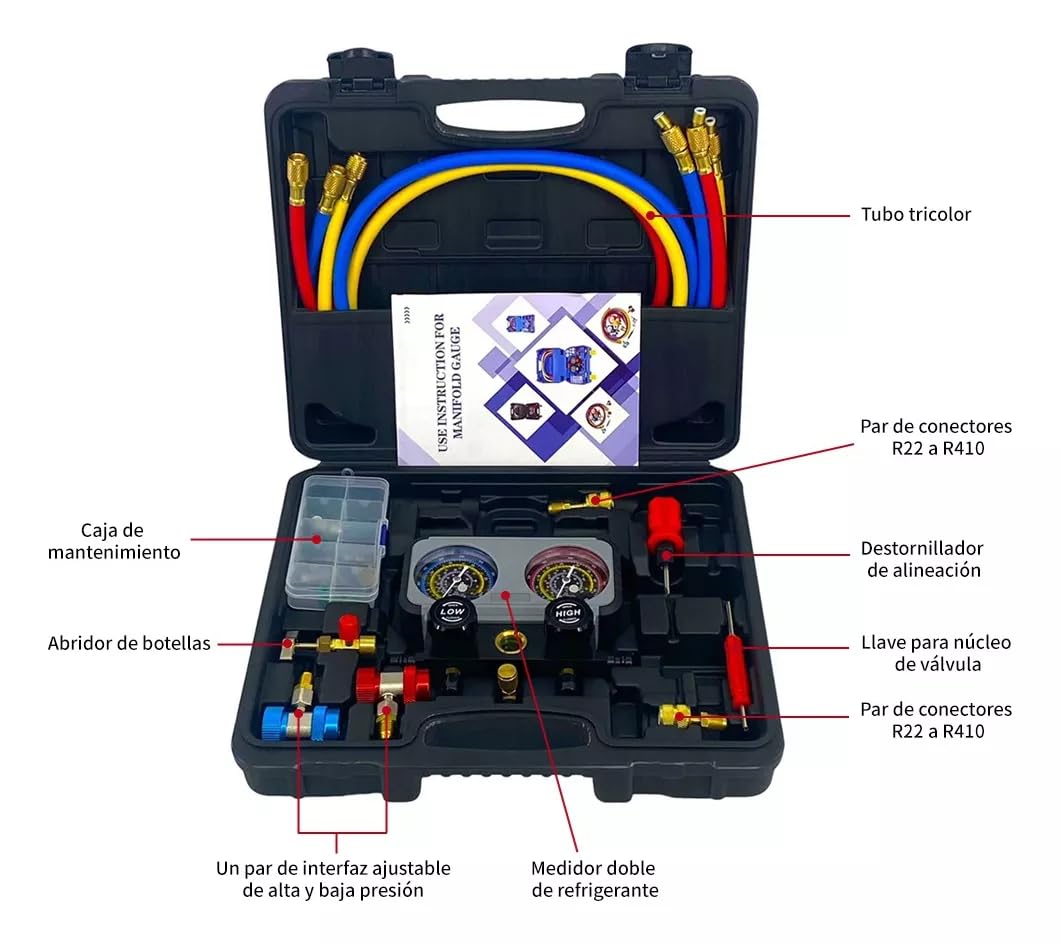 FIXITFAST 4cfm 1/3hp Bomba De Vacío + Manómetro R134a/r22/r410a/r404a Kit de refrigeración con Caja de transporte, detector de fugas para refrigeración HVAC A/C recarga y mantenimiento sin aceite