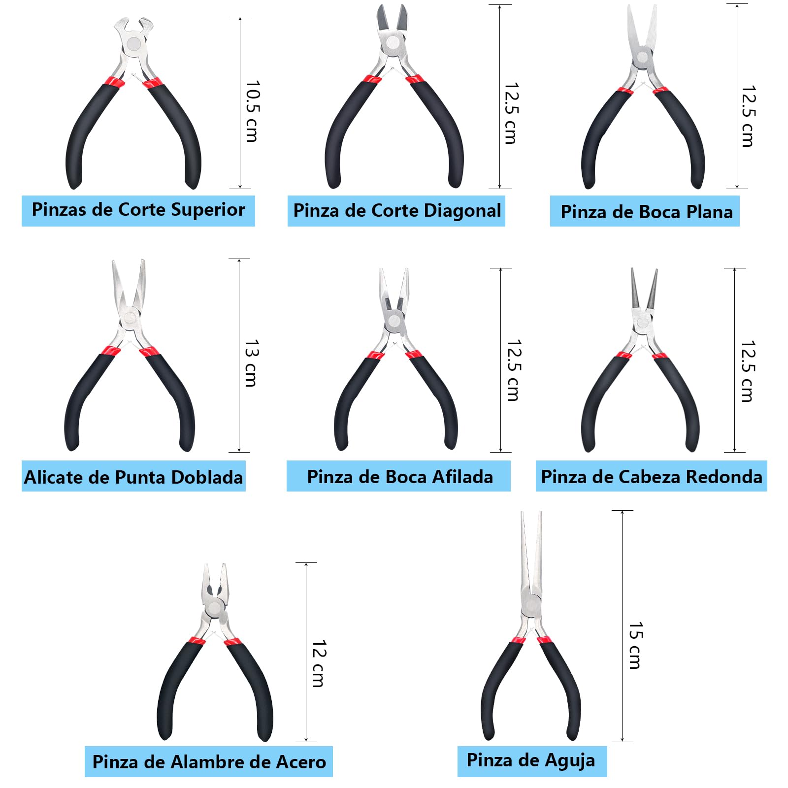 Juego de 8 Alicates para Hacer Joyas, Kit de Pinzas para Bisuteria Punta Corte Engarce Plana, Herramientas de Fabricación