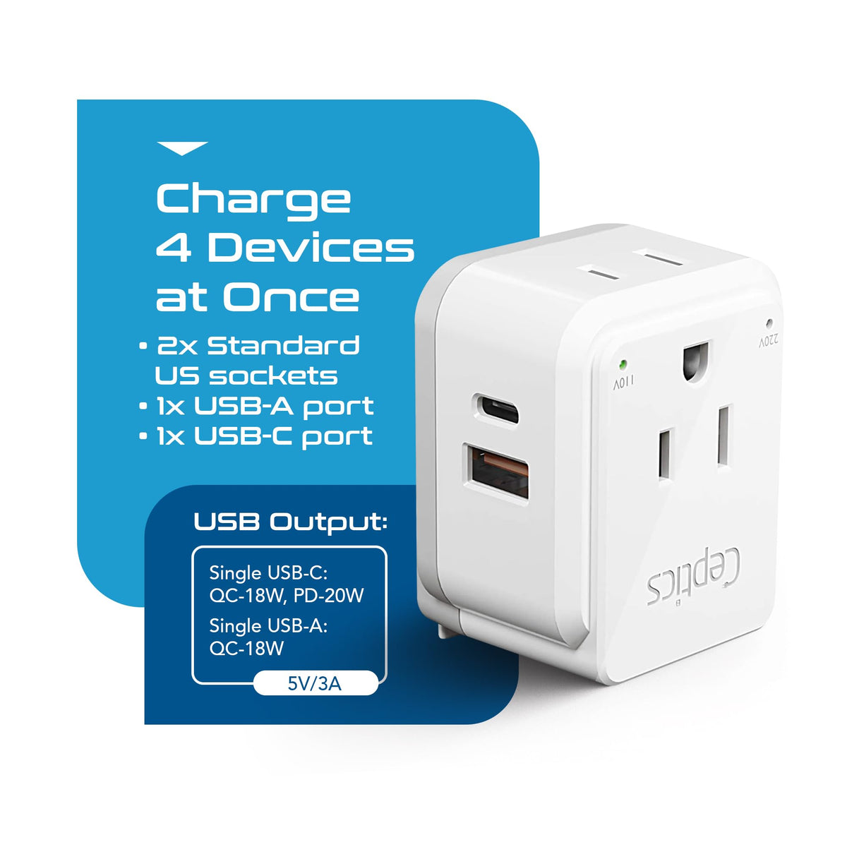 Juego de Adaptador de Corriente Ceptics South Africa Blanco con Doble USB y USB-C para Viaje en África