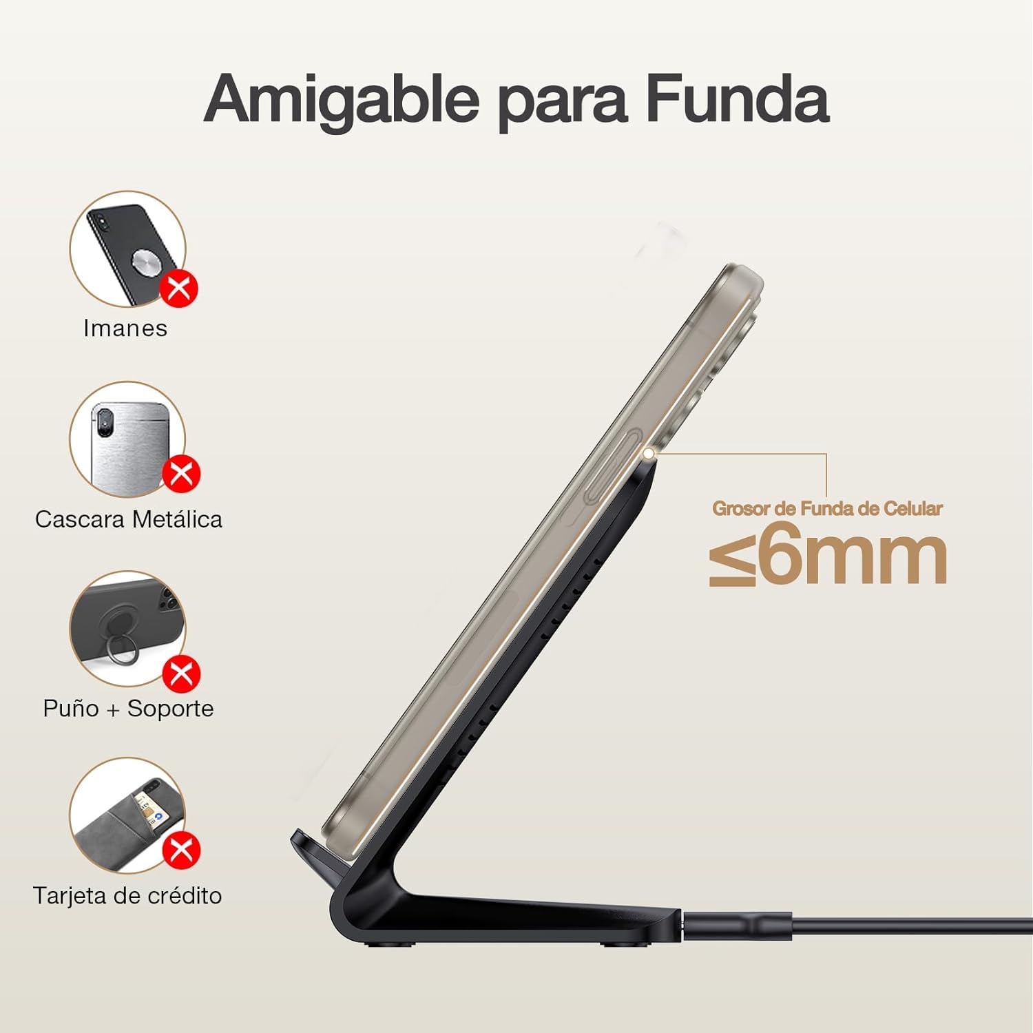 Cargador Inalámbrico 15W Negro con Cable USB C para iPhone y Samsung