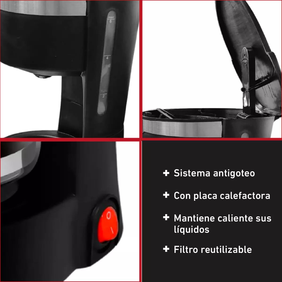 Cafetera Semiautomática | Máquina de Café Compacta con Filtro Reutilizable con Capacidad de 4 a 6 Tazas | Maquina de Cafe con Placa Calefactora y Jarra Antiderrames, Ideal para Hogar