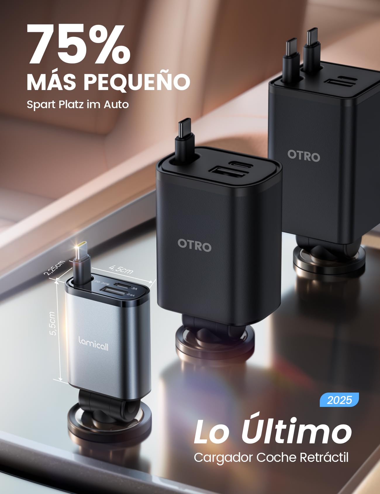 Lamicall 3 in 1 Retráctil Cargador para Auto -【Super Compacto】 57W Cargador para Carro Carga Rápida with Cable Tipo C/USB C/USB A, 12V/24V Socket for iPhone 16/15/14/13, Galaxy S25/S24 Ultra, Android