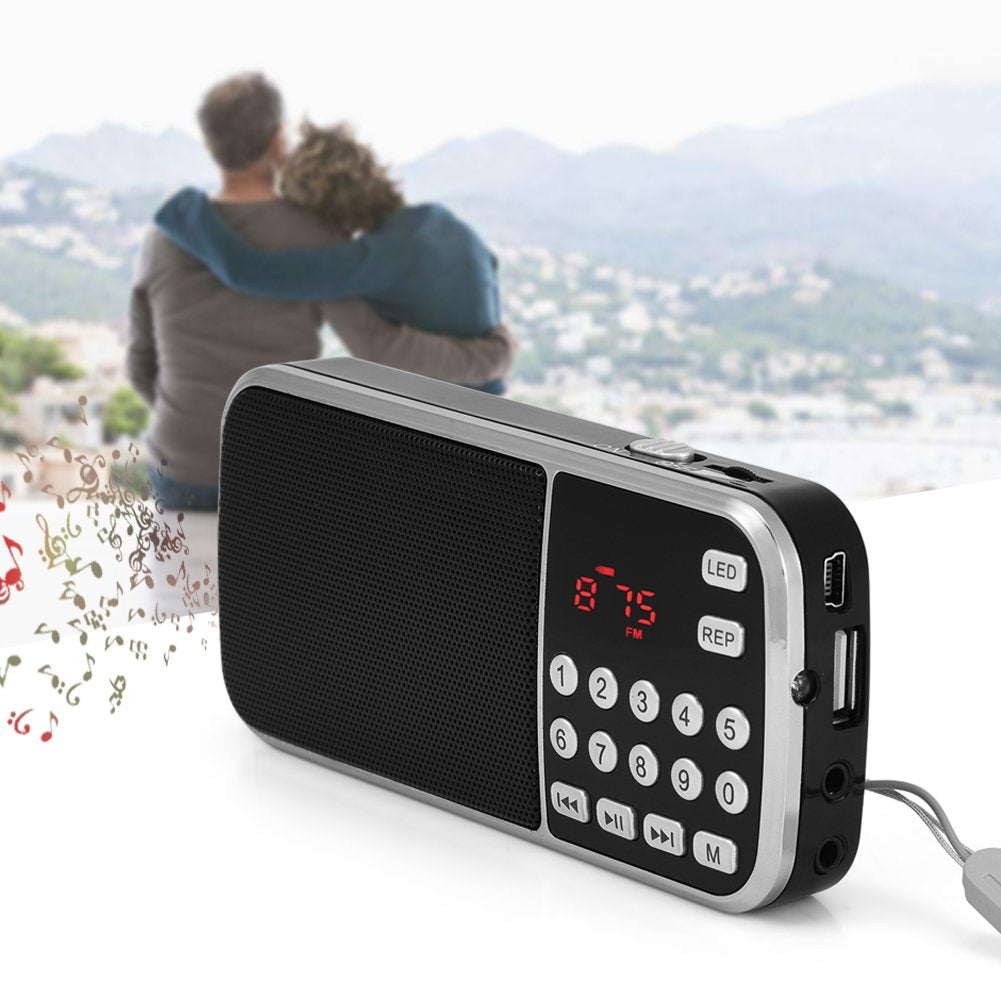 Ciglow Radio FM, Mini Portátil de Audio Digital Reproductor de Música Altavoz con Linterna LED Soporte TF Tarjeta USB AUX