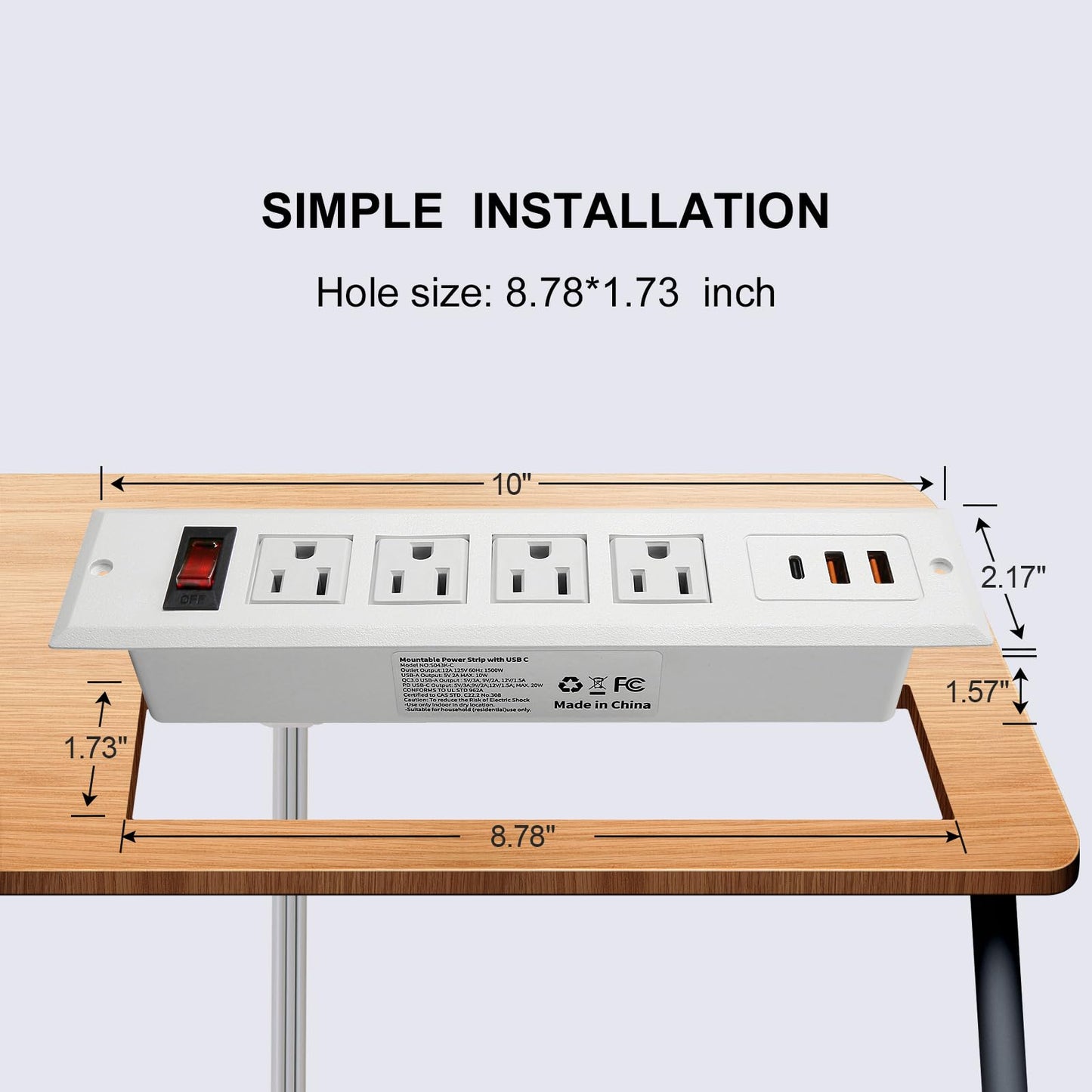 Regleta Empotrada con USB C 20W PD Carga Rápida Toma de Corriente de Escritorio 4 Puntos de Venta USB C Construido en Mueble Enchufe de Alimentación de Extensión para Oficina Dormitorio (Blanco)