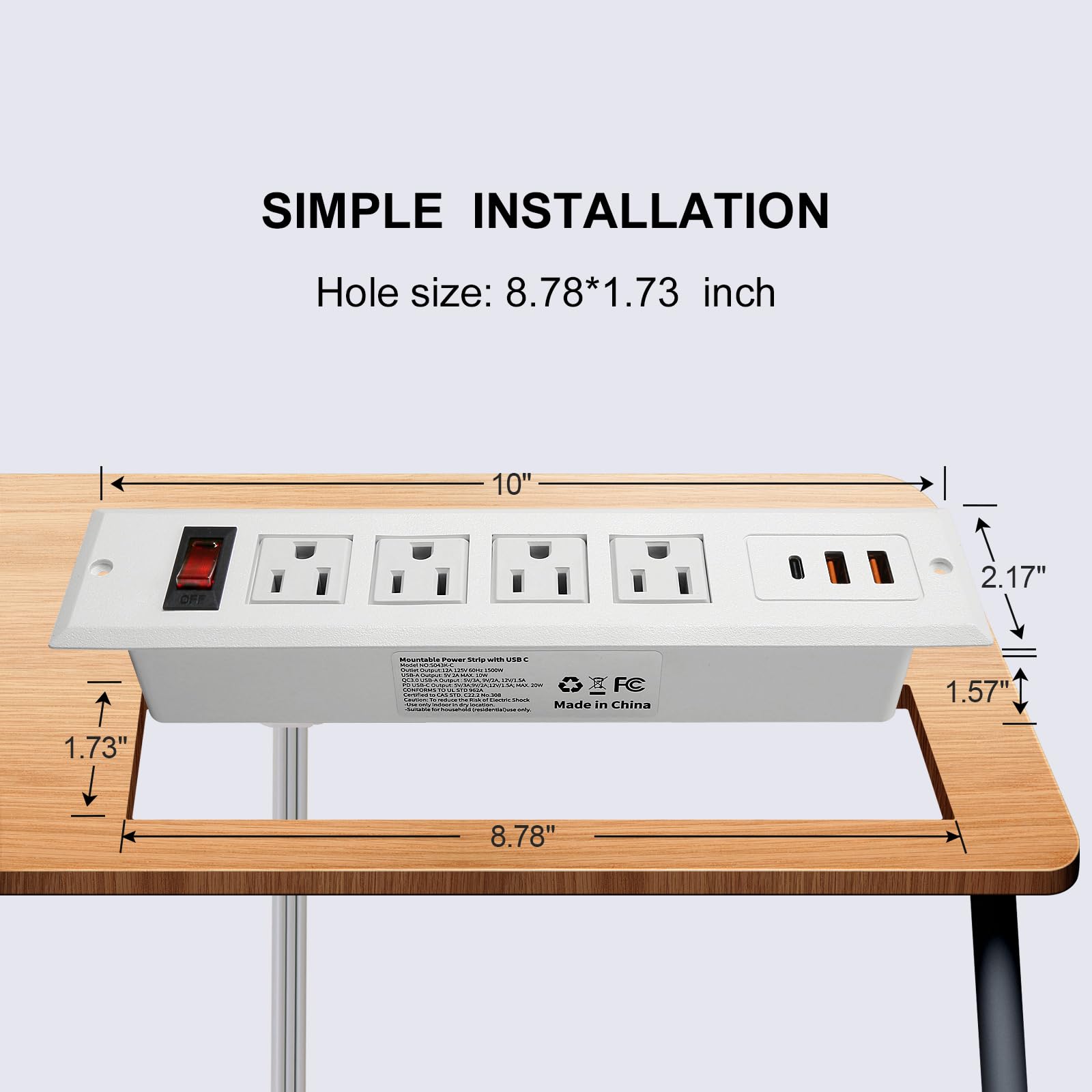 Regleta Empotrada con USB C 20W PD Carga Rápida Toma de Corriente de Escritorio 4 Puntos de Venta USB C Construido en Mueble Enchufe de Alimentación de Extensión para Oficina Dormitorio (Blanco)