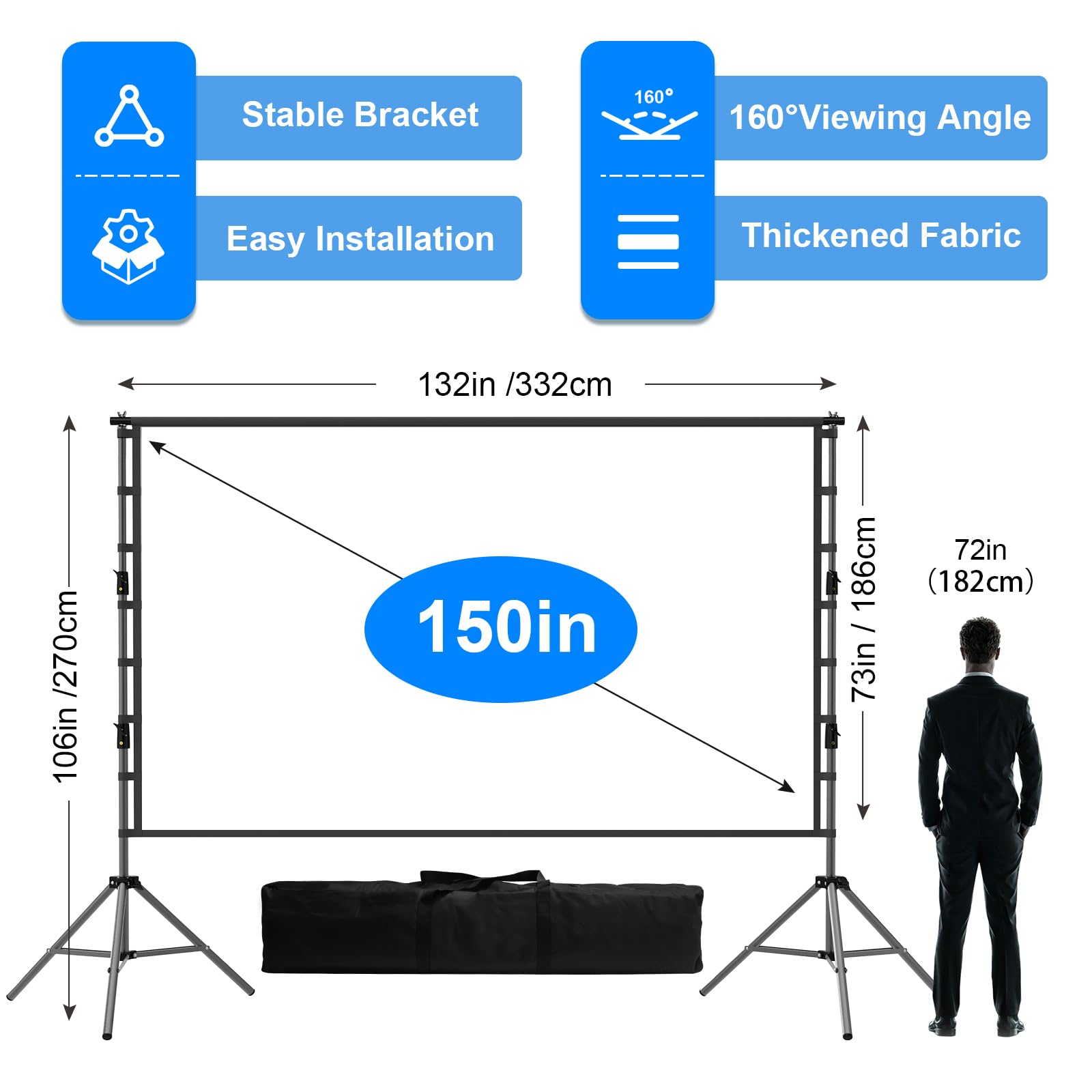 visualización de proyector con soporte, soporte portátil de alta resistencia, visualización de proyección frontal trasera 4K HD 16:9 con bolsa de transporte, soporte de altura ajustable para cine en