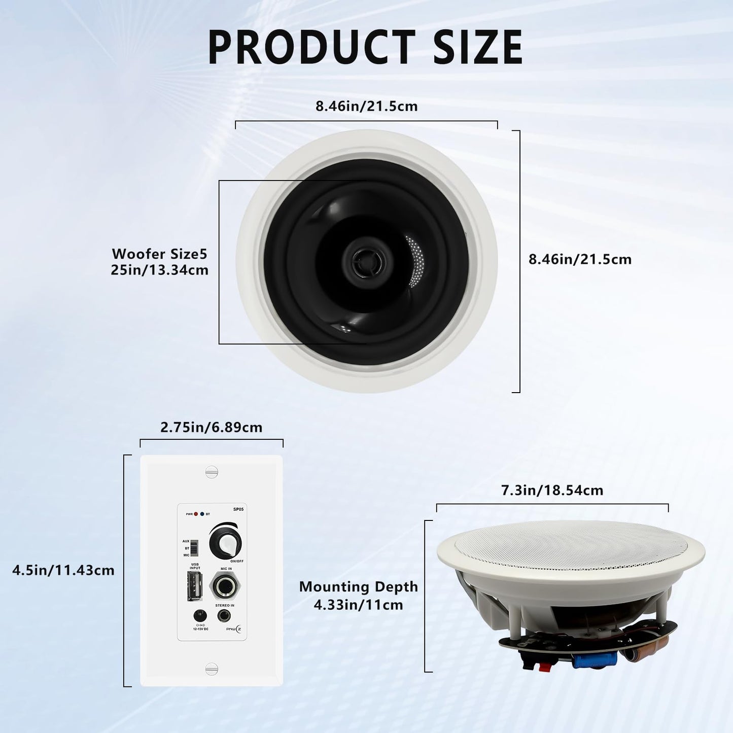PNWCZ - Altavoces Bluetooth en el techo de 6.5 pulgadas en la pared, 600 W, sistema de altavoces de montaje empotrado de 2 vías con receptor amplificador de pared para cine en casa, oficina, baño,