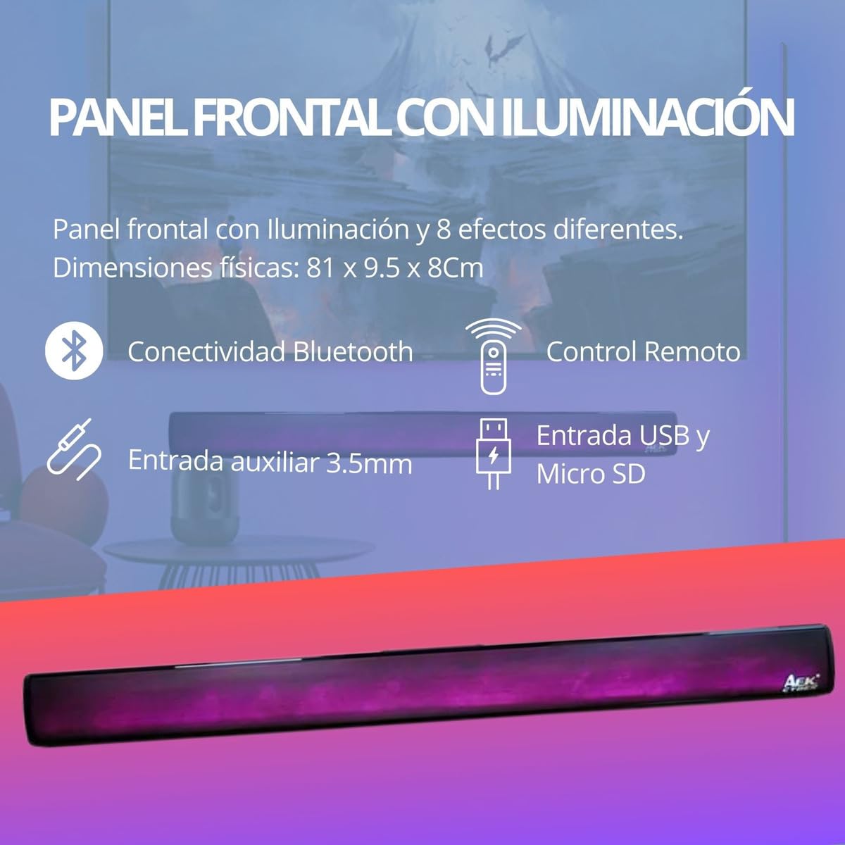 Barra de Sonido AEK CYBER Negra con Panel led y Bocina Bluetooth