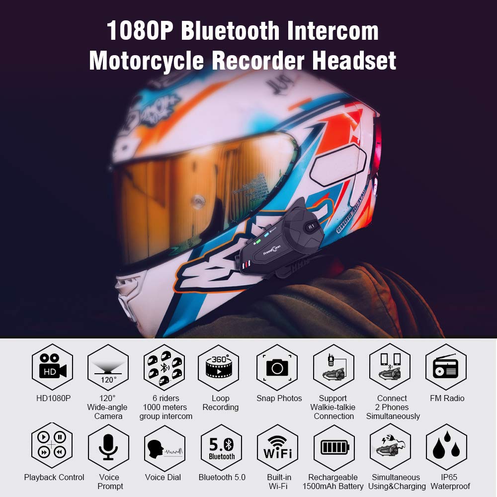 Auriculares para Casco de Motocicleta FreedConn R1plus Bluetooth Intercom FM Negro Impermeables para 6 Ciclistas