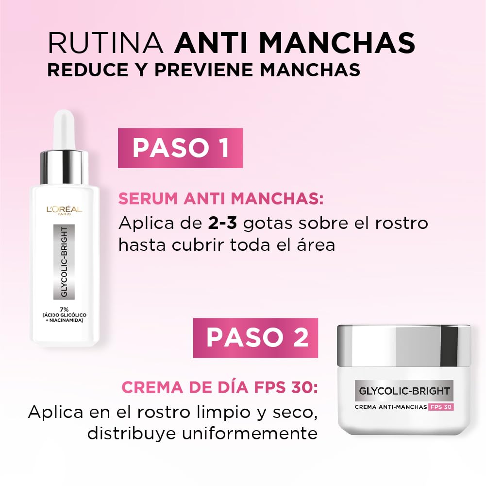 L'Oréal Paris Kit Duo Anti-manchas Serum y crema día Glycolic Bright con Ácido Glicólico y Niacinamida
