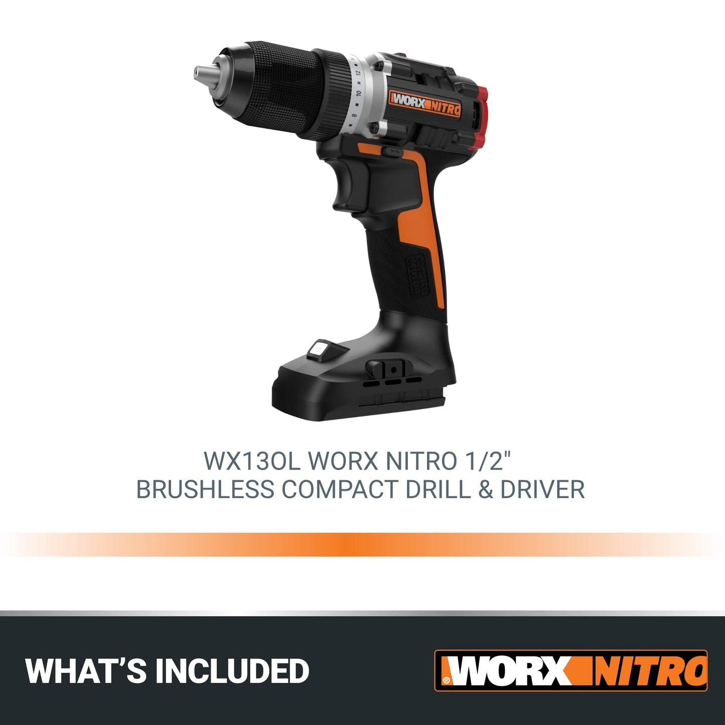 Worx Nitro - Taladro inalámbrico de 20 V de 1/2 pulgadas con motor sin escobillas, juego compacto y ligero de solo 6 pulgadas y 3 libras, solo herramienta WX130L.9 compatible con Power Share