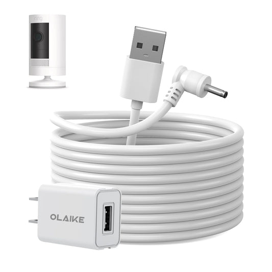 OLAIKE 5m/16pies Cable de Carga Resistente a la Intemperie con Adaptador de Corriente DC para Stick Up CAM Battery/Plug-in y Spotlight CAM Battery y Soporte para inclinación y Vista panorámica,Blanco