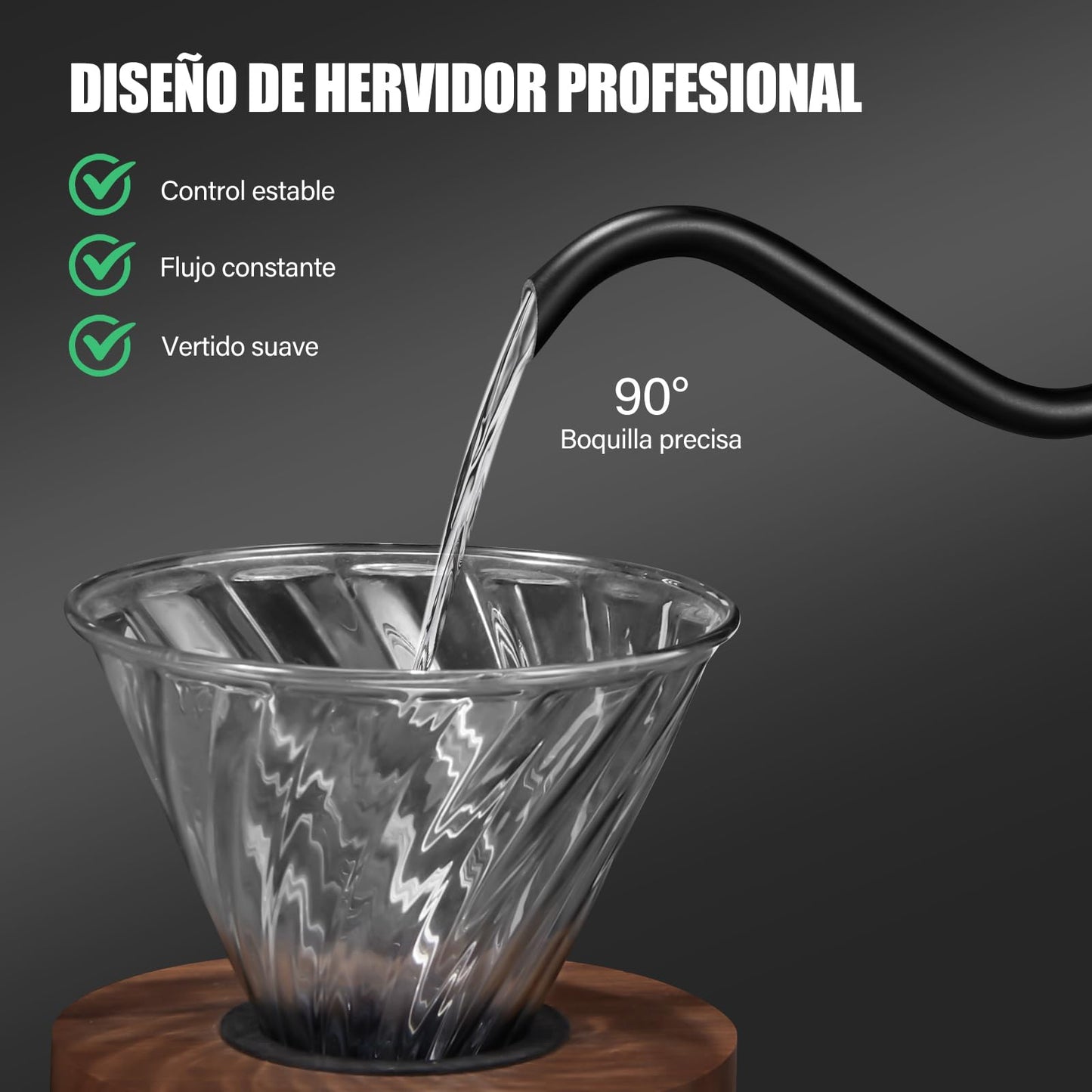 Hervidor Eléctrico de Cuello de Cisne de 1 L, Control de Temperatura Preciso de 1°C, Interior de Acero Inoxidable, 1200 W, Adecuado para la Preparación de Café Profesional., Negro Mate