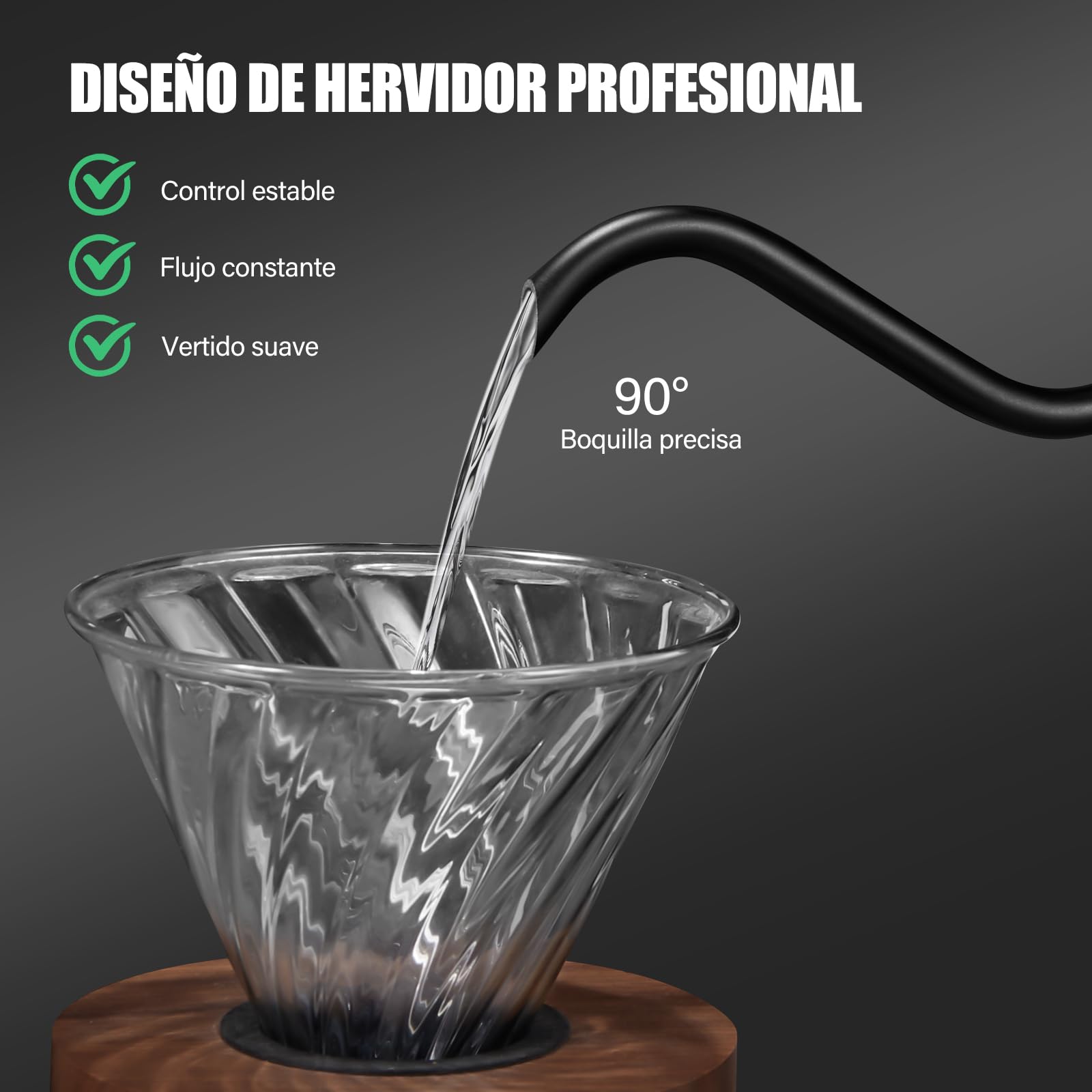 Hervidor Eléctrico de Cuello de Cisne de 1 L, Control de Temperatura Preciso de 1°C, Interior de Acero Inoxidable, 1200 W, Adecuado para la Preparación de Café Profesional., Negro Mate