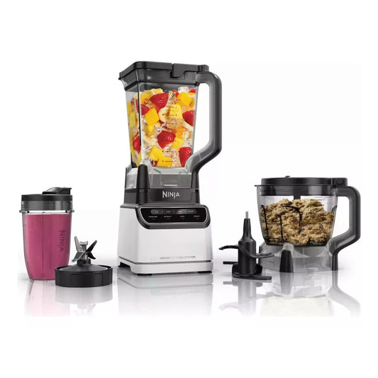 Licuadora Ninja Grand Kitchen System de 1,200 Watts, Licuadora con 4 programas Auto-iQ 72onz con Boquilla de Vertido, Tazón Procesador de Alimentos, Cuchillas Intercambiables. Blanco KS500WM-NEGRO