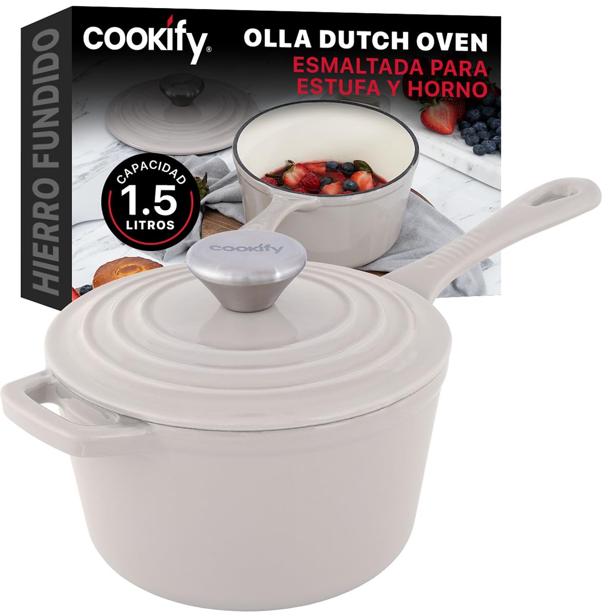 Cookify Olla de Hierro Fundido Esmaltado para Horno y Estufa, Capacidad 1.5 Litros (Taupe, 17 cm)