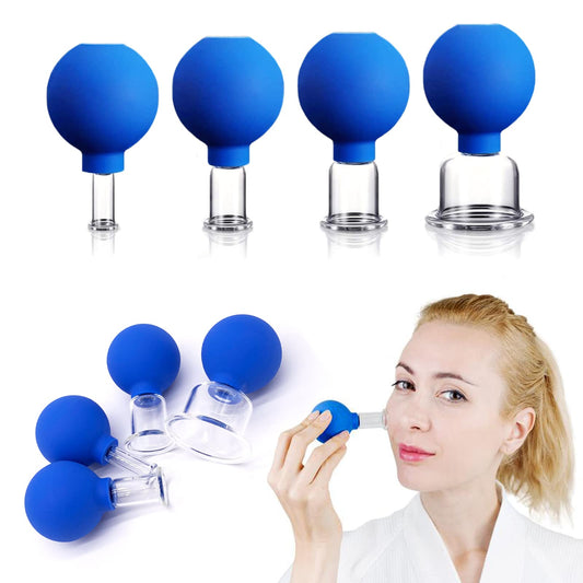 Juego de 4 vasos faciales de cristal, succión al vacío de silicona, terapia de masaje con ventosas, un kit para piel anticelulítica, antiarrugas y al instante sin edad, para ojos, cara y cuerpo