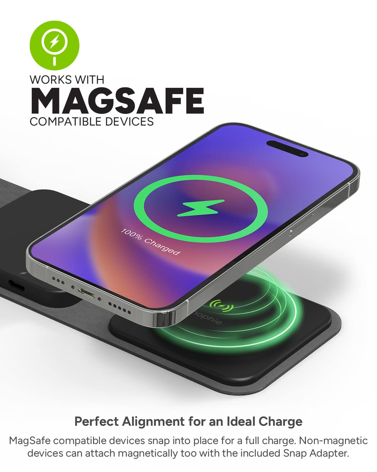 Mophie Wireless 3 in 1 Travel Magnetic Wireless Charging Station, Multiple Devices, Compatible with Apple iPhones, Google, Samsung Devices, AirPods, BYO Watch Charger. (Watch Charger Not Included)