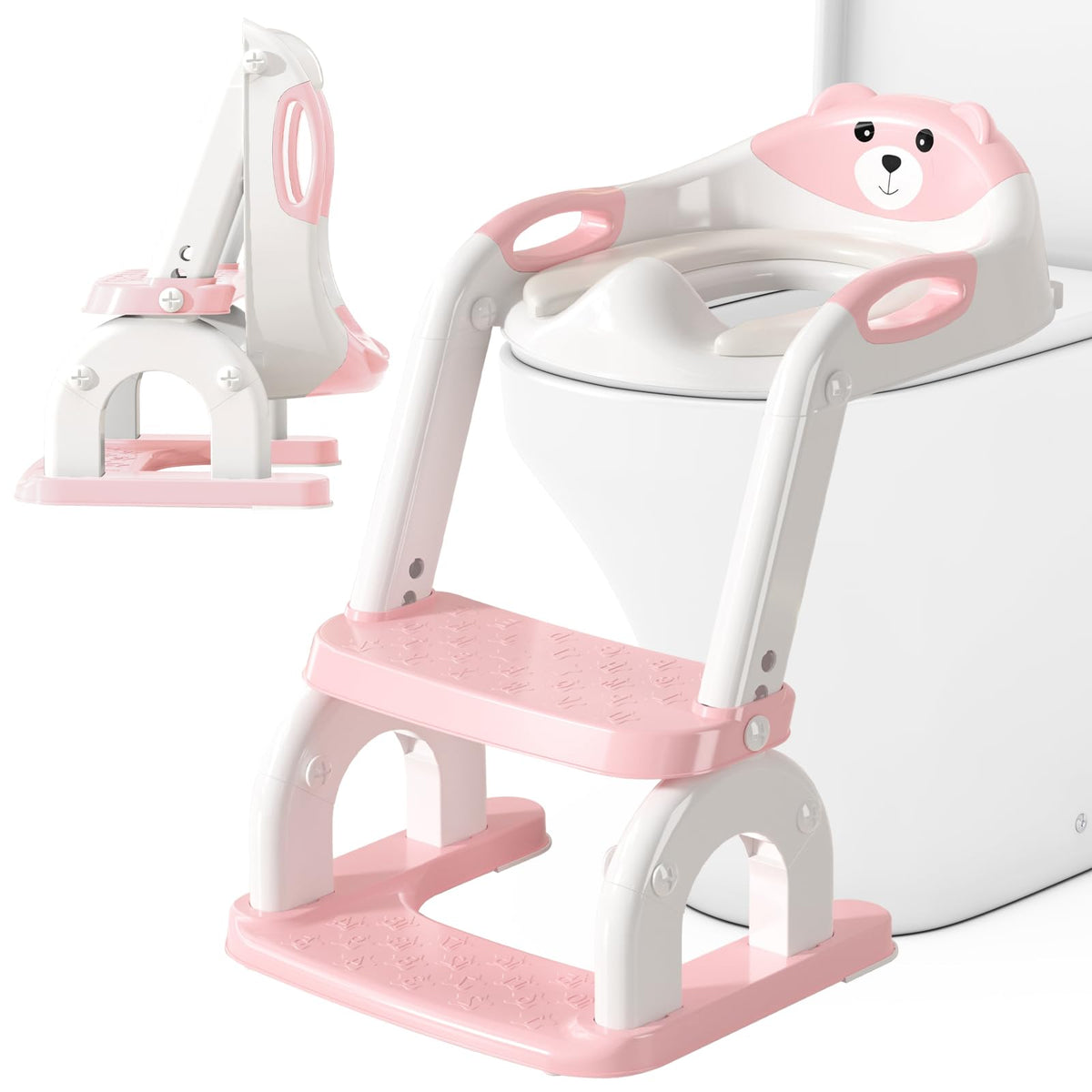 CUXFLS - Asiento de entrenamiento para niños pequeños, altura ajustable 2 en 1, escalera de inodoro para niños y niñas, con protector contra salpicaduras, cojín impermeable, almohadilla antideslizante