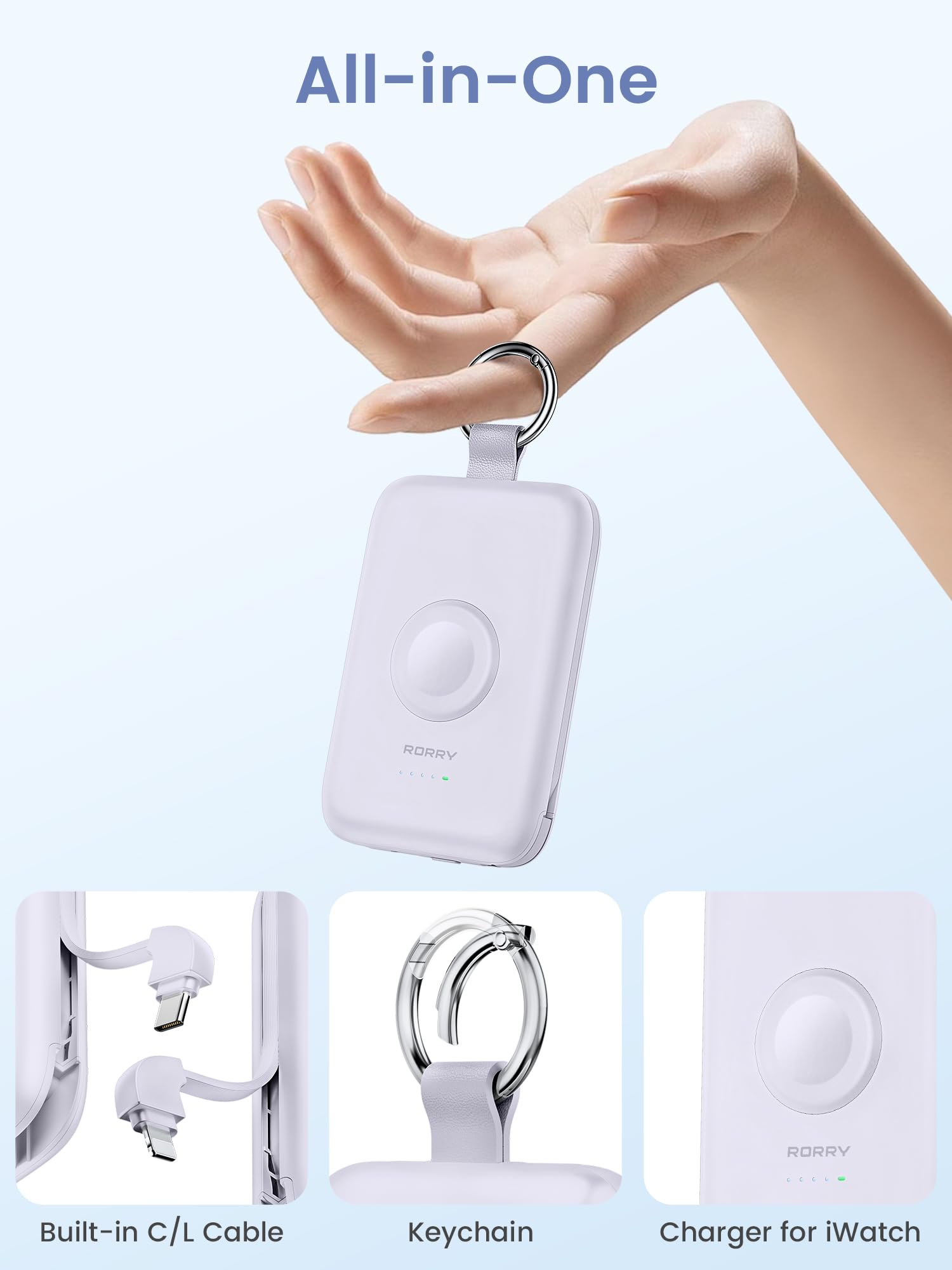 Power Bank RORRY Púrpura 10000mAh con Cables Integrados para iPhone y Apple Watch