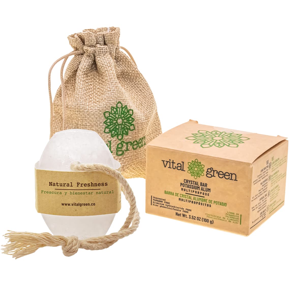 Vital Green Barra de Cristal de Alumbre de Potasio Multiusos, Desodorante Natural Tailandés, Elimina Olor, Sin Fragancia, Sin Plástico, Para Toda la Familia, 100g - 3.53 oz