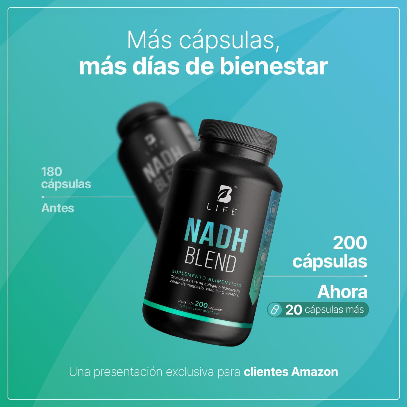 B Life NADH 200 Cápsulas | Nicotinamida adicionado con Citrato de Magnesio, Colágeno y Vitamina C | Antioxidante. NADH Blend B Life