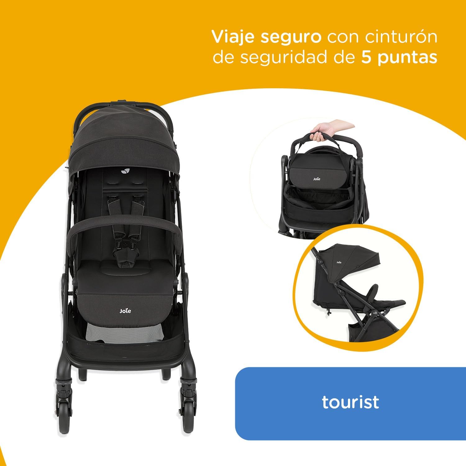 Joie Carriola para Bebe con Silla Ergonomica Tourist | Carriola Moderna para Bebes | Carriola de Baston Ligera Convertible a 2 Posiciones | Carreola con Frenos y Manija Ajustable | Carriola de viaje