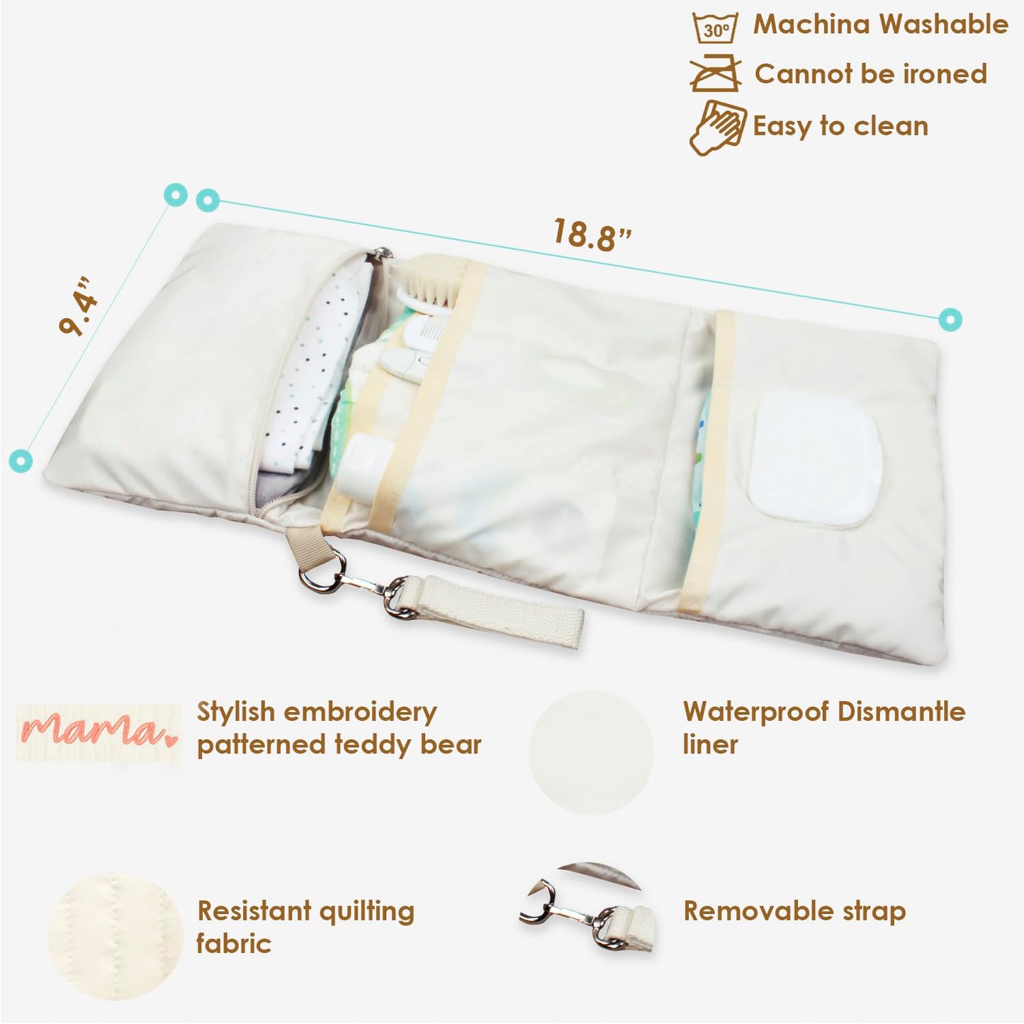 MODAKIDS - Organizador de bolsas de bebé, mini bolsa de pañales portátil, juego de viaje con acolchado con correas para carriola (Mama)