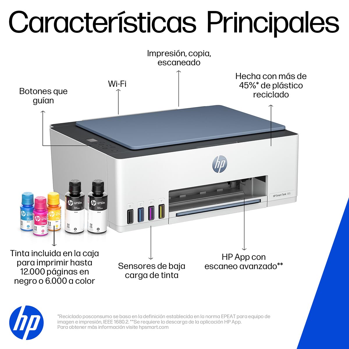 HP Impresora Multifuncional Smart Tank 585, Tinta Continua, Color, Wi-Fi, Dúplex (Doble Cara) Manual, Impresión Desde Smart App, hasta 2 años de Garantía* (1F3Y4A)