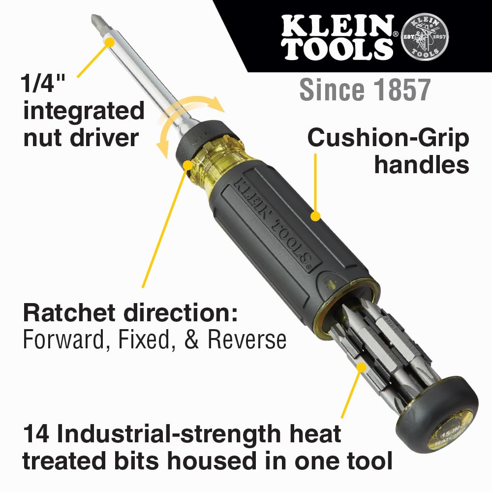 KLEIN TOOLS 32305 | Desarmador multipuntas| 15 en 1 con matraca | Destornillador ergonómico con puntas intercambiables y almacenamiento integrado | Ideal para todo tipo de tornillos