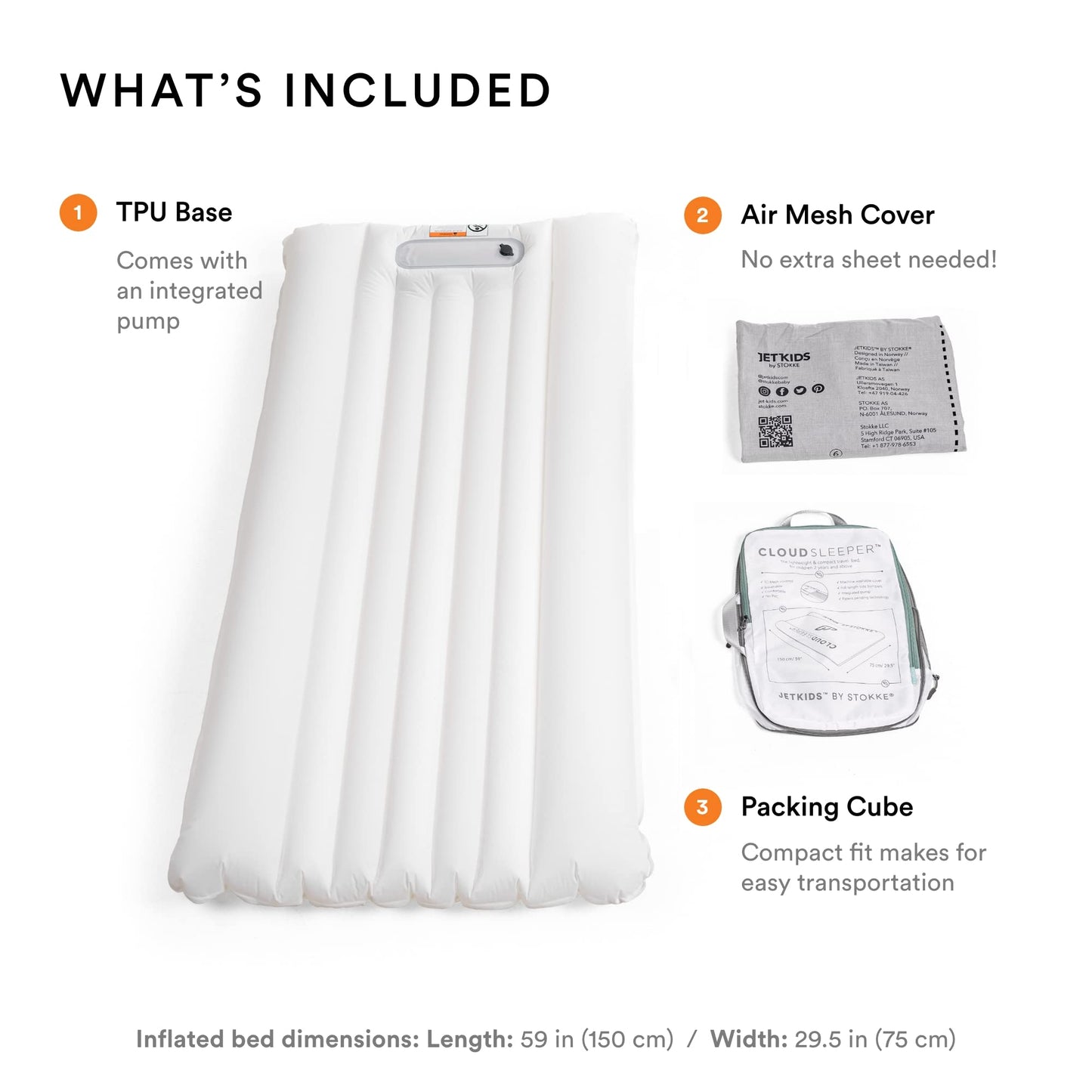 Stokke JetKids by CloudSleeper - Cama Hinchable de Viaje para niños - con Bomba de Aire integrada, Funda de Malla Transpirable y Protectores - Fácil de Limpiar - A Partir de los 3 años