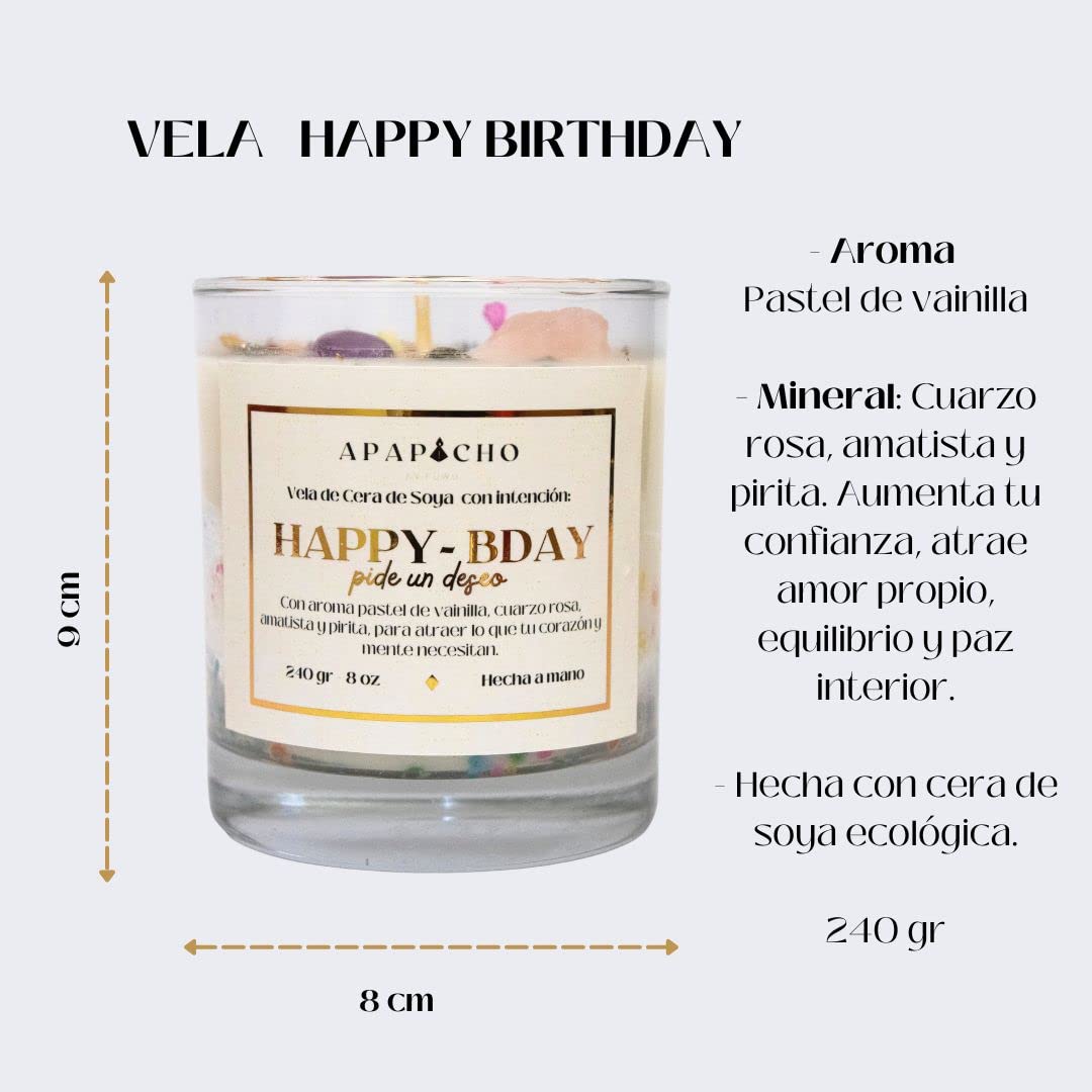 Fuwu, velas aromaticas relajantes Happy Birthday de cera de soya con cuarzos naturales, velas decorativas hechas a mano, aromatizantes para hogar, regalos de cumpleaños (Pastel de vainilla)