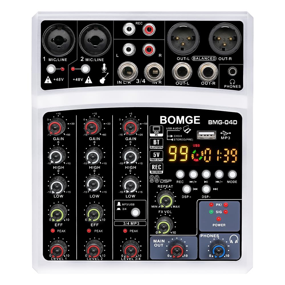 BOMGE - Mini mezclador de audio Bluetooth de 4 canales con procesador 99DSP, interfaz USB, grabación estéreo, alimentación fantasma de 48 V para PC, teléfono (blanco)