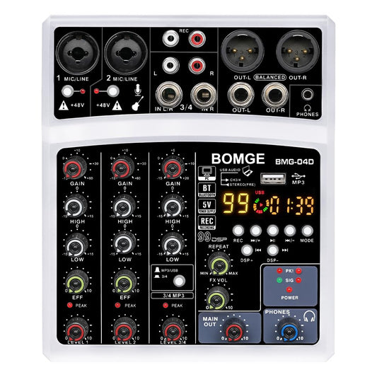 BOMGE - Mini mezclador de audio Bluetooth de 4 canales con procesador 99DSP, interfaz USB, grabación estéreo, alimentación fantasma de 48 V para PC, teléfono (blanco)